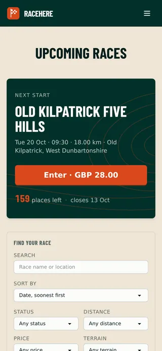 The RaceHere website on a phone